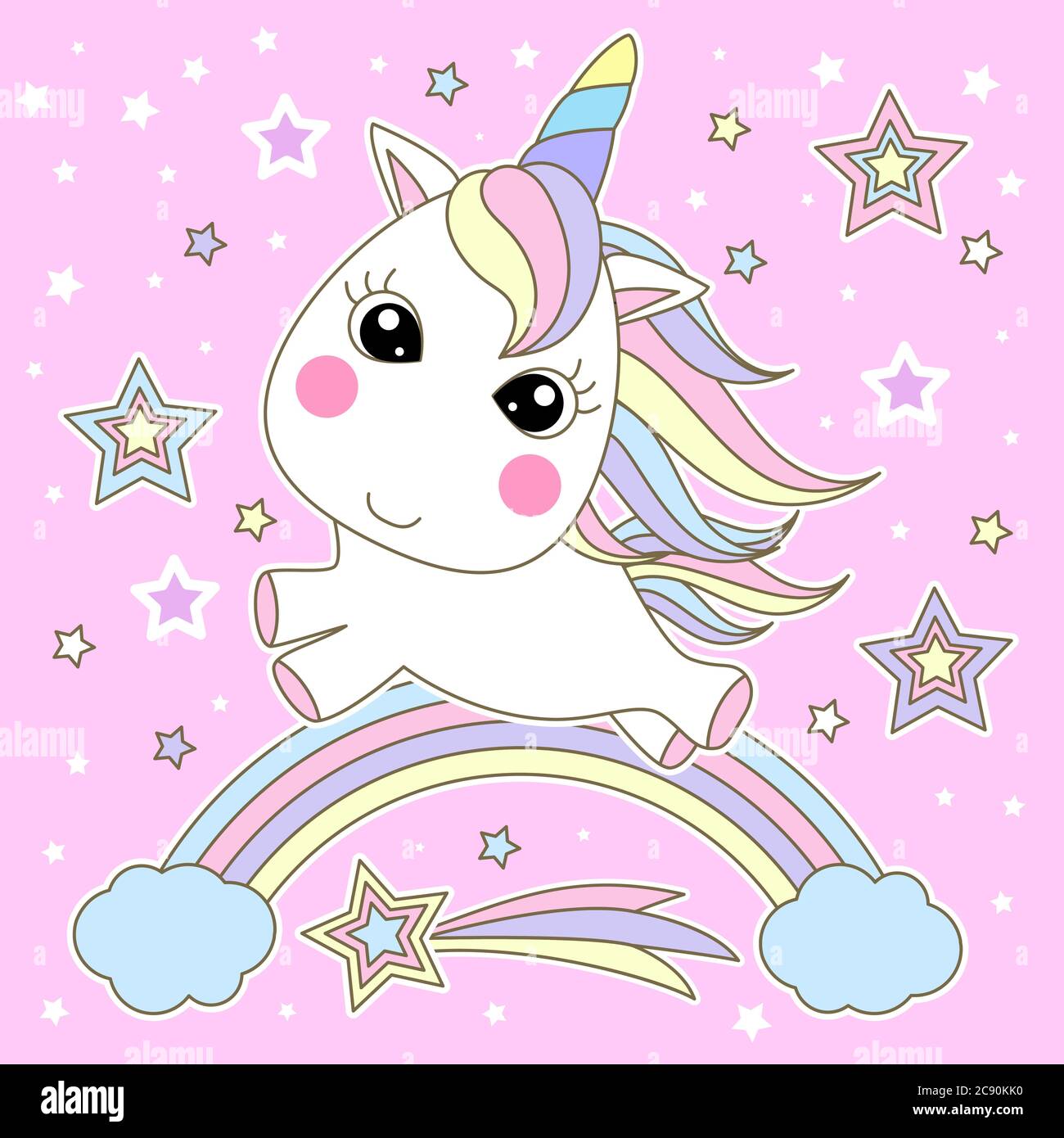 Jolie licorne sur un arc-en-ciel avec des étoiles sur fond rose. Animal fantaisie. Pour les imprimés, affiches, cartes et ainsi de suite pour enfants. Vecteur Illustration de Vecteur