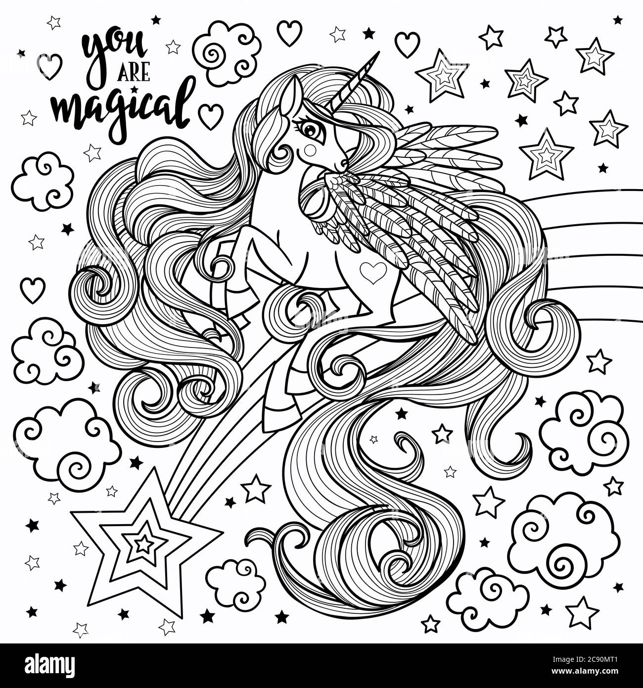 Image en noir et blanc dessinée à la main pour colorier. Licorne avec une longue minière. Pour la conception de tirages, affiches, cartes. Vecteur Illustration de Vecteur