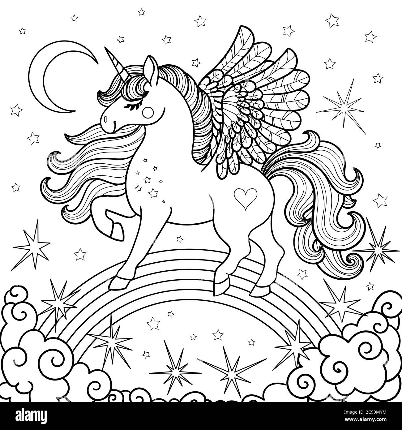 Mignon, dessin animé unicorn sur un arc-en-ciel. Noir et blanc. Pour  colorier, imprimer, poster, cartes, tatouages. Vecteur Image Vectorielle  Stock - Alamy