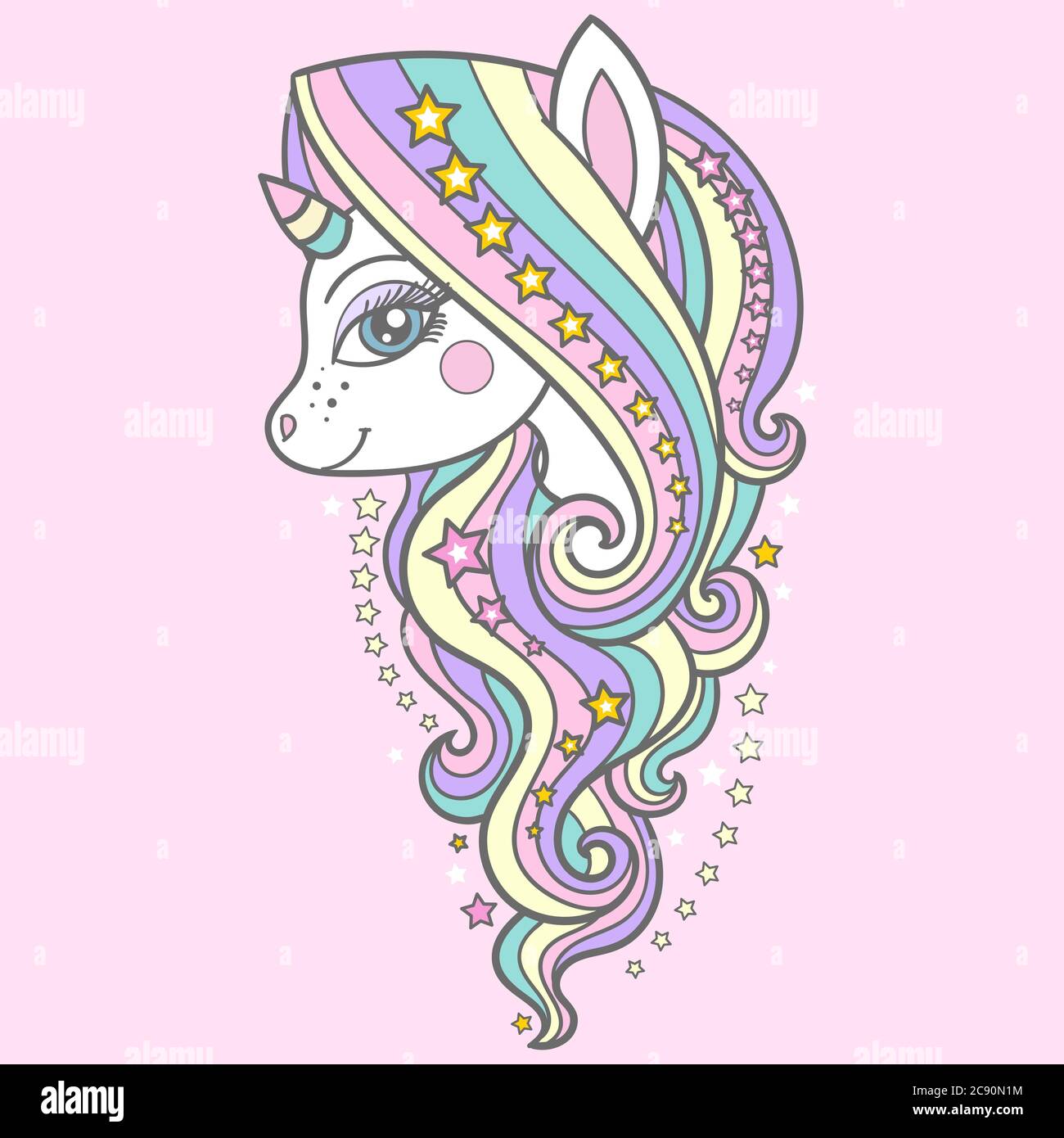Une jolie licorne avec une longue minière et des étoiles sur fond rose. Pour vos imprimés, affiches, cartes, etc. Vecteur Illustration de Vecteur
