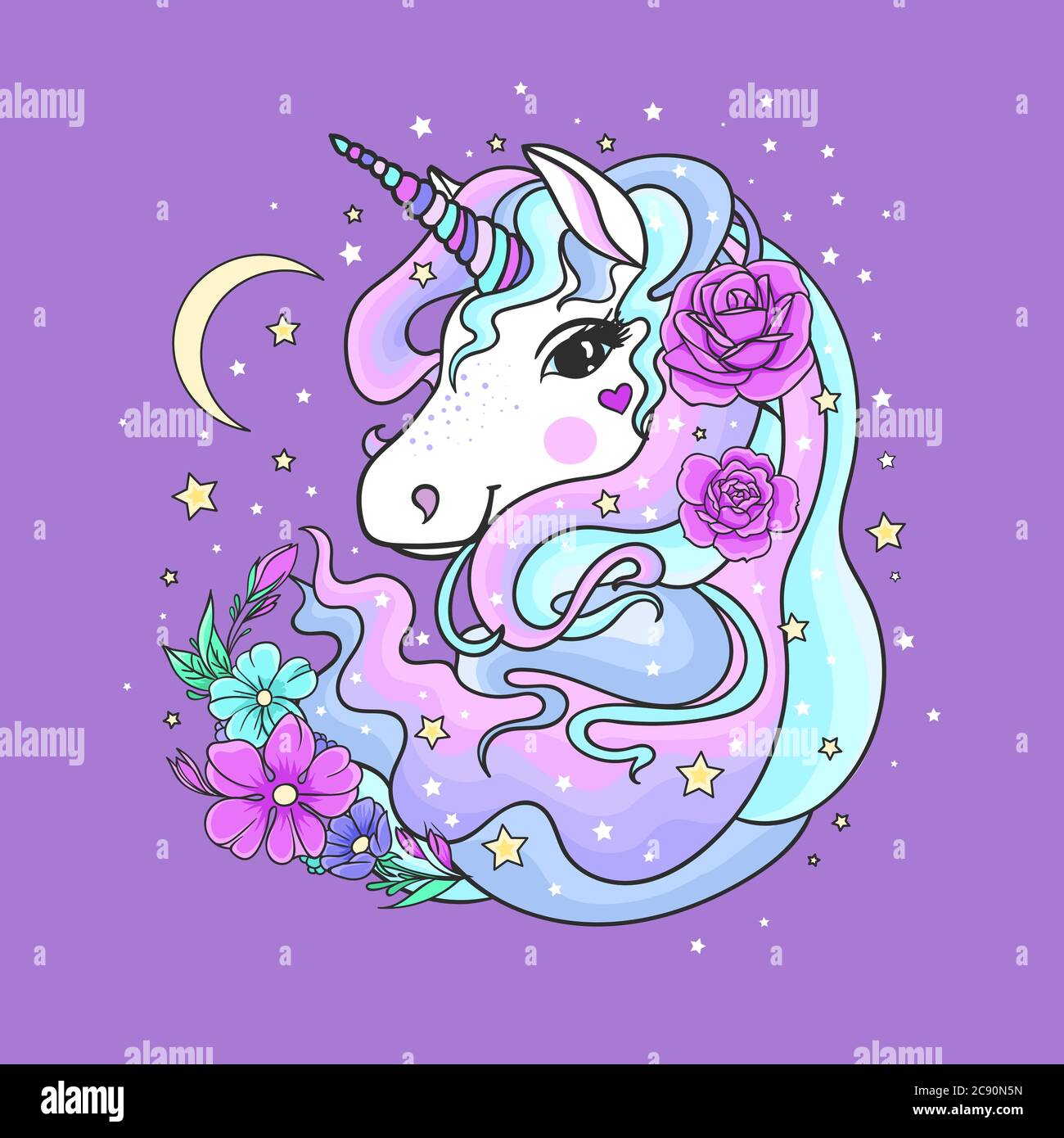 licorne blanche avec une forme arc-en-ciel et des fleurs sur fond violet. Fantaisie, animal mystique. Pour la conception de tirages, affiches, autocollants., carte postale Illustration de Vecteur