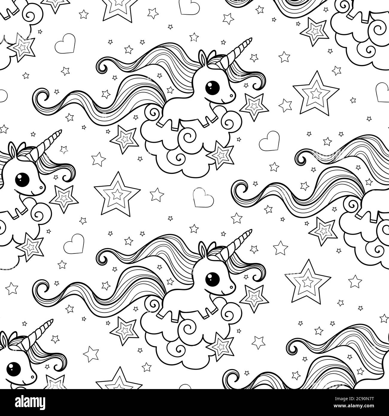 Motif sans couture avec jolies licornes. Noir et blanc. Une image charmante d'un animal. Pour la conception de tirages, papier peint, papier d'emballage, scrapbooking Illustration de Vecteur