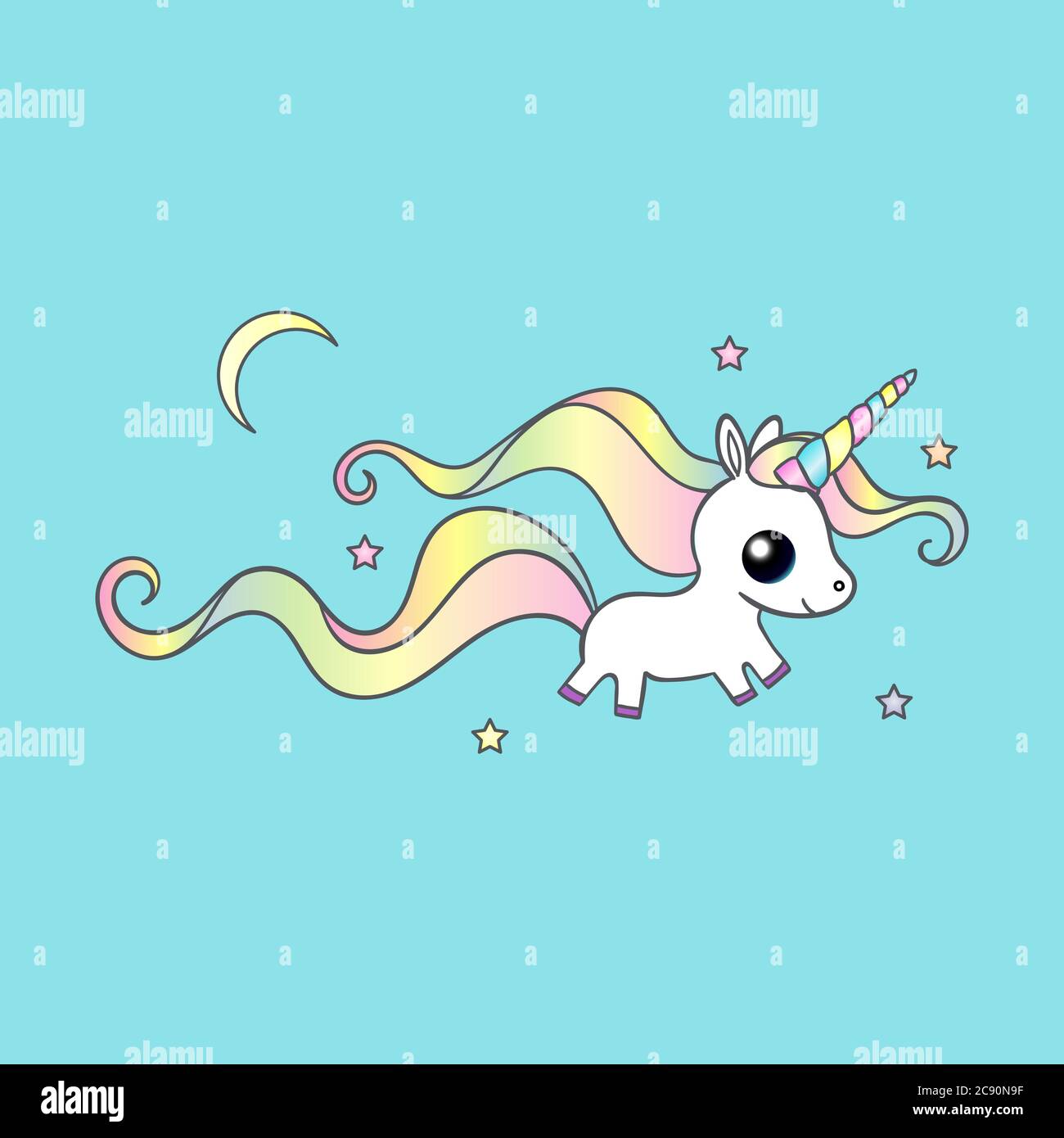 Jolie, blanche, petite licorne avec une longue minière. Animal fantastique. Caricature, personnage des enfants. Pour la conception de tirages, affiches, cartes postales, etc. VECTIVECTIBs Illustration de Vecteur