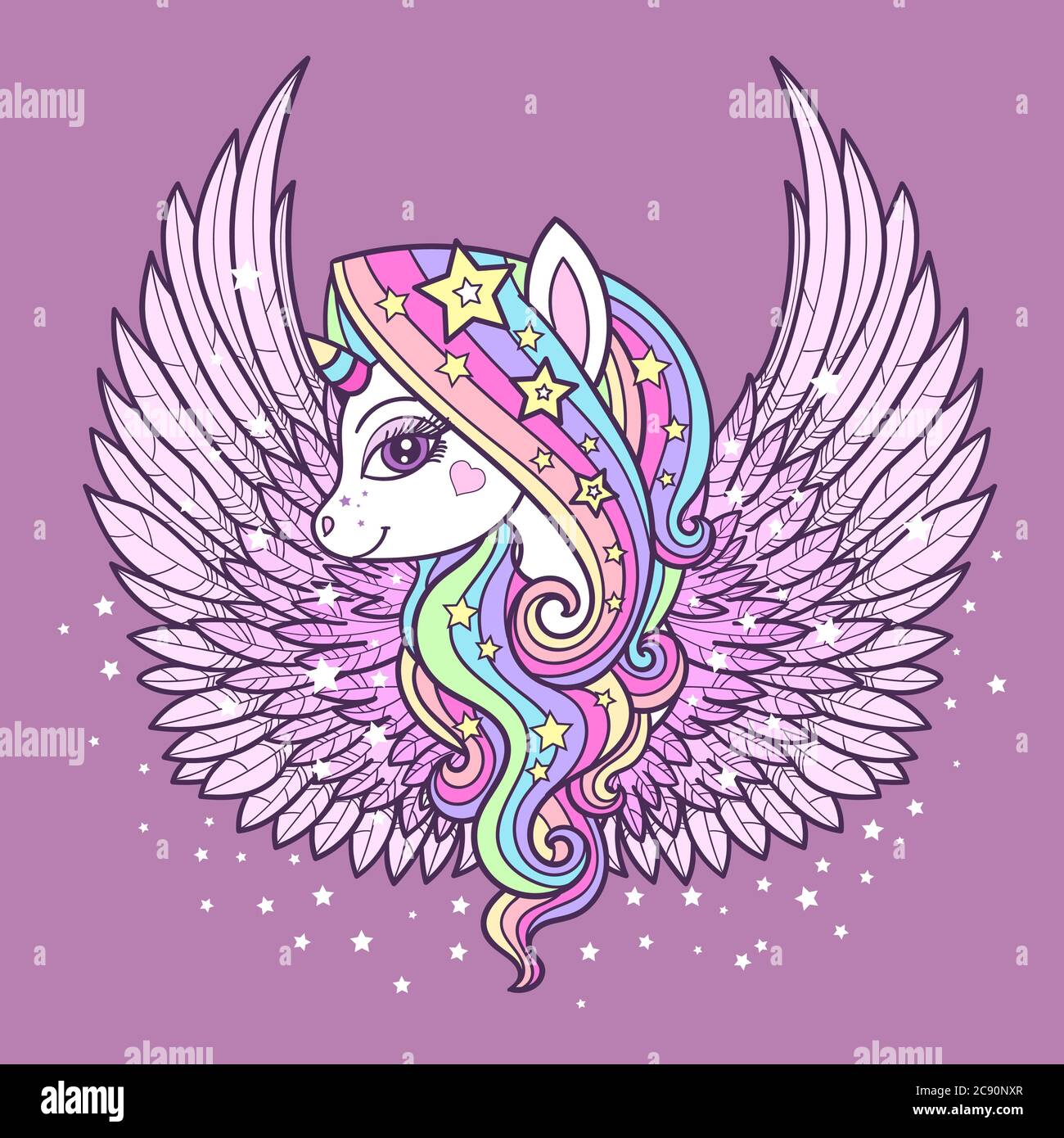 Belle licorne arc-en-ciel avec ailes. Animal fantastique. Pour la conception de tirages, affiches, cartes, tatouages, etc. Vecteur Illustration de Vecteur