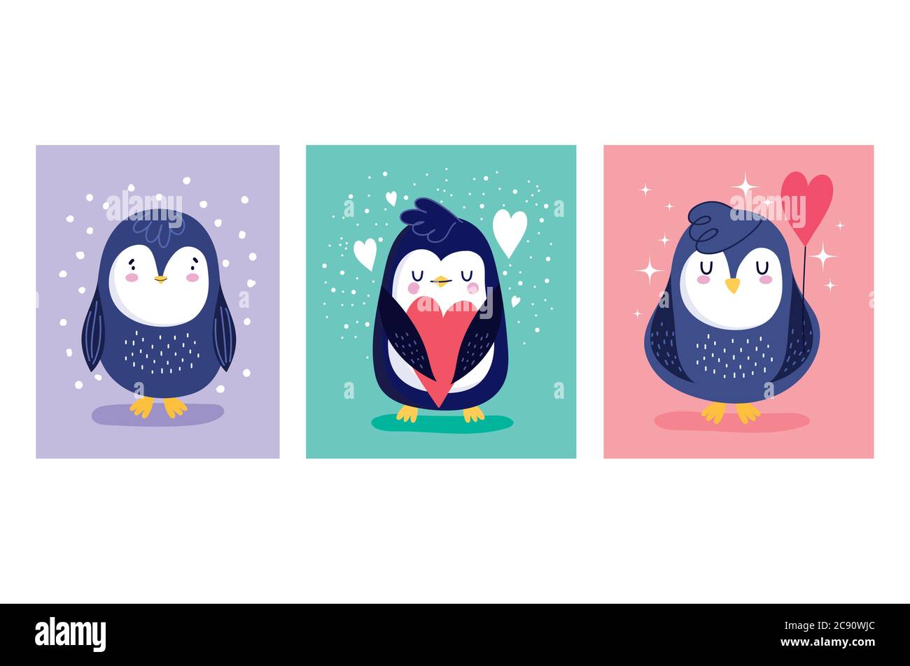 pingouins personnage de dessin animé oiseau animal coeurs décoration bannière illustration vectorielle Illustration de Vecteur