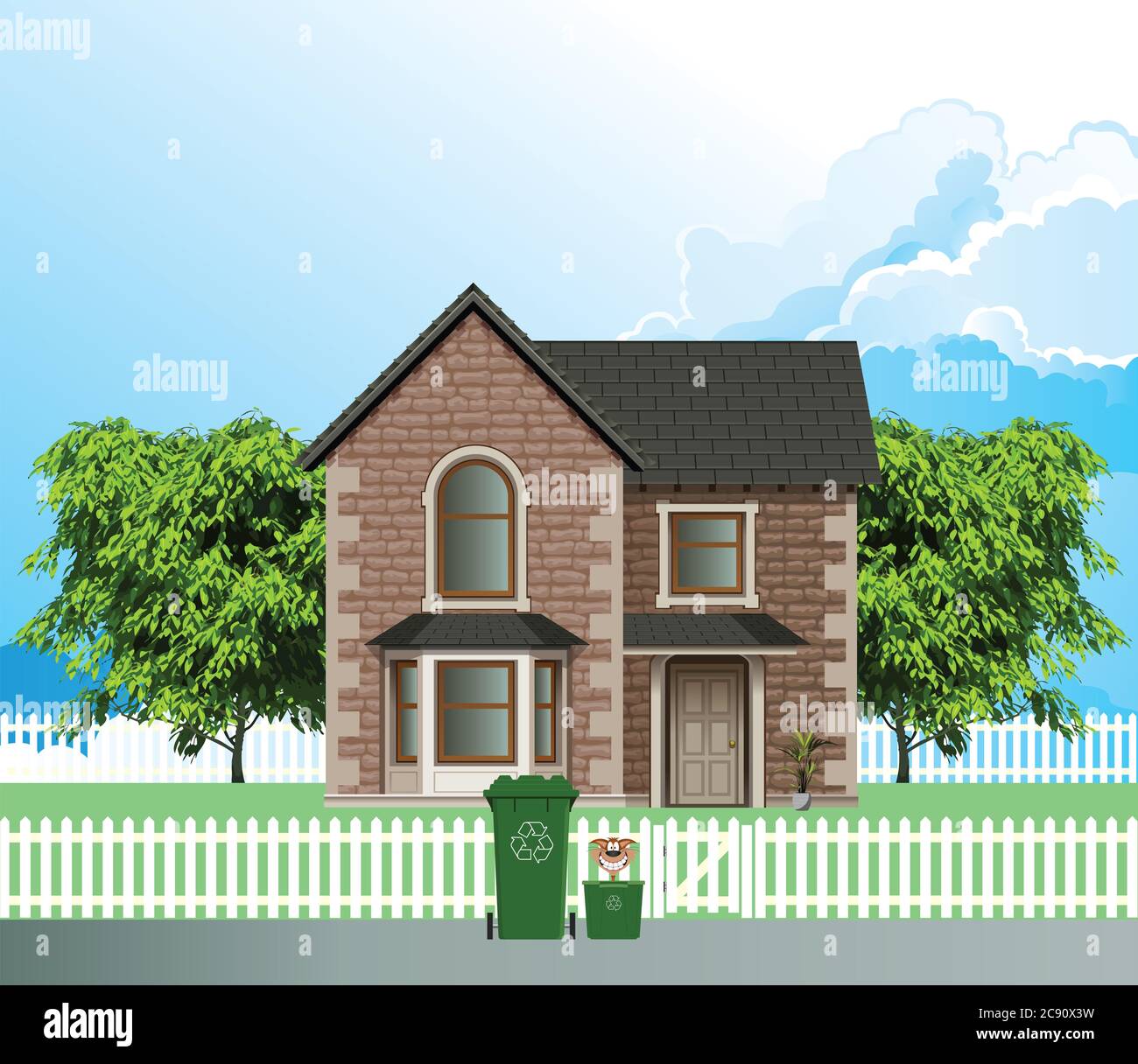 Propriété résidentielle individuelle sur une rue de banlieue avec des bennes de recyclage vertes prêtes pour la collecte, dans un ciel bleu nuageux Banque D'Images