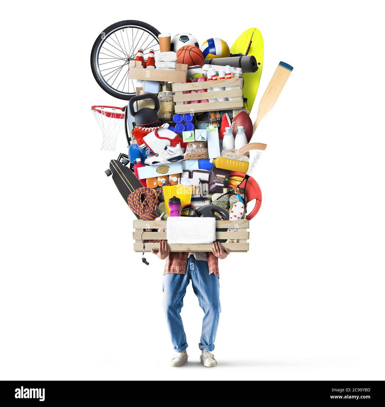 Concept de mode de vie sain, un homme tient une boîte avec des produits végétariens et de l'équipement sportif Banque D'Images