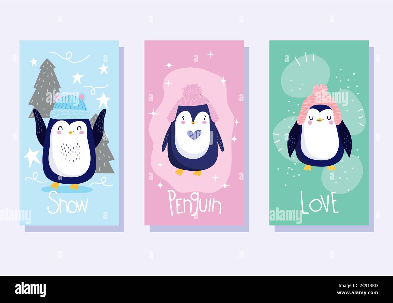 pingouins avec chapeaux arbres oiseau antarctique animal dessin animé faune bannière illustration vectorielle Illustration de Vecteur