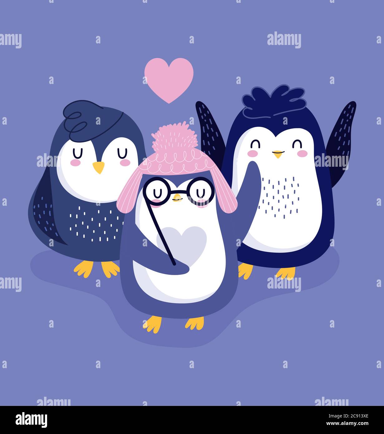 manchots adorables chapeau chaud verres coeurs amour oiseau animal dessin animé faune illustration vectorielle Illustration de Vecteur