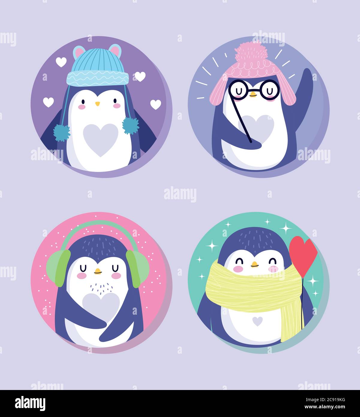 pingouins animal dessin animé faune avec chapeaux chauds foulard lunettes personnages illustration vectorielle Illustration de Vecteur