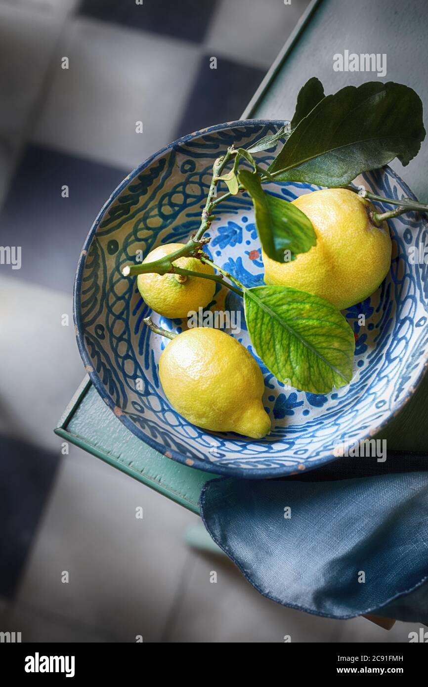 Citrons tropicaux frais avec feuilles vertes sur une branche dans un bol en poterie rustique bleu et blanc vu d'en haut sur le coin d'une table Banque D'Images