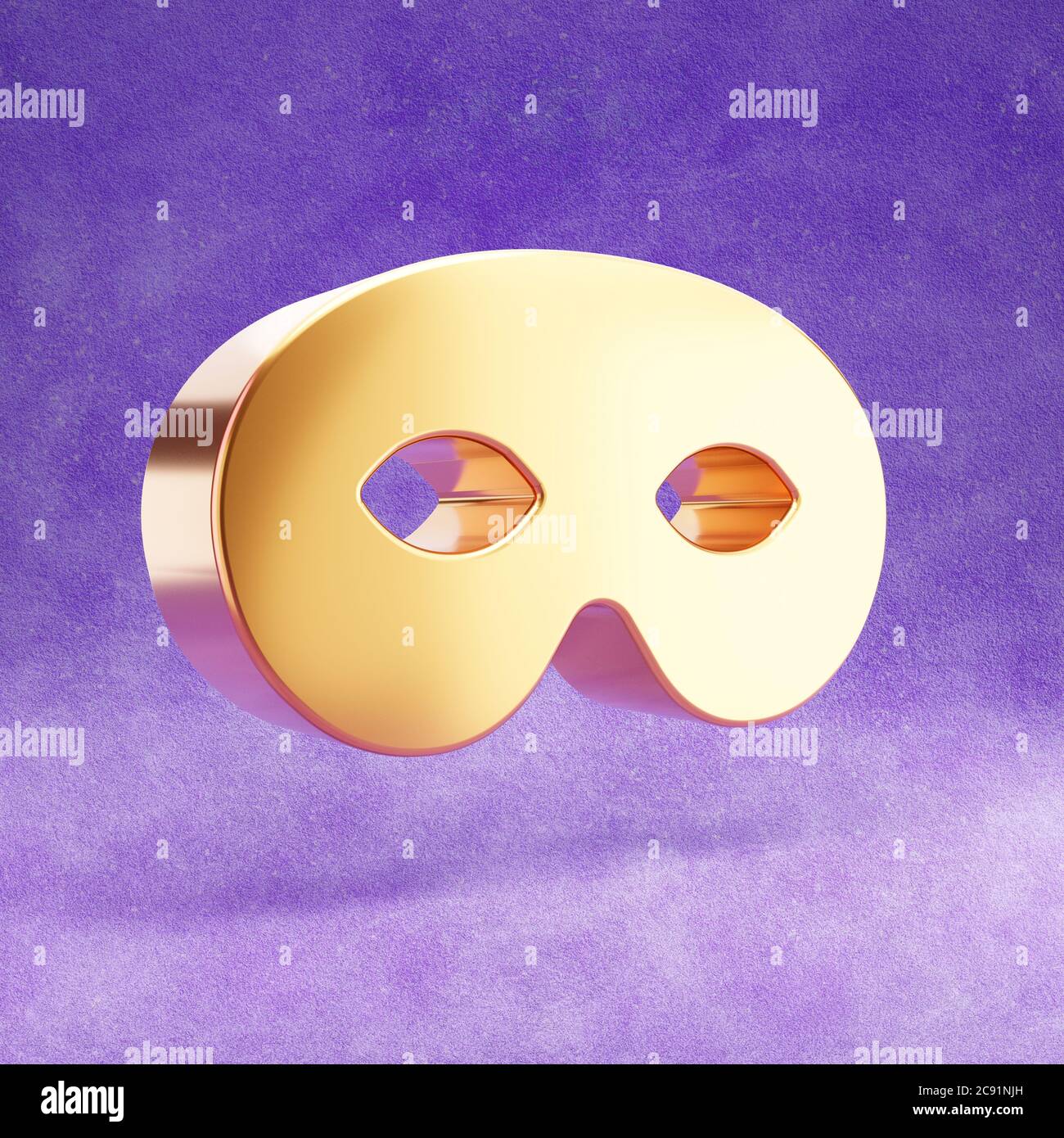 Icône masque. Or brillant symbole du masque isolé sur fond de velours violet. Icône moderne pour site Web, médias sociaux, présentation, élément de modèle de conception. Rendu 3D. Banque D'Images