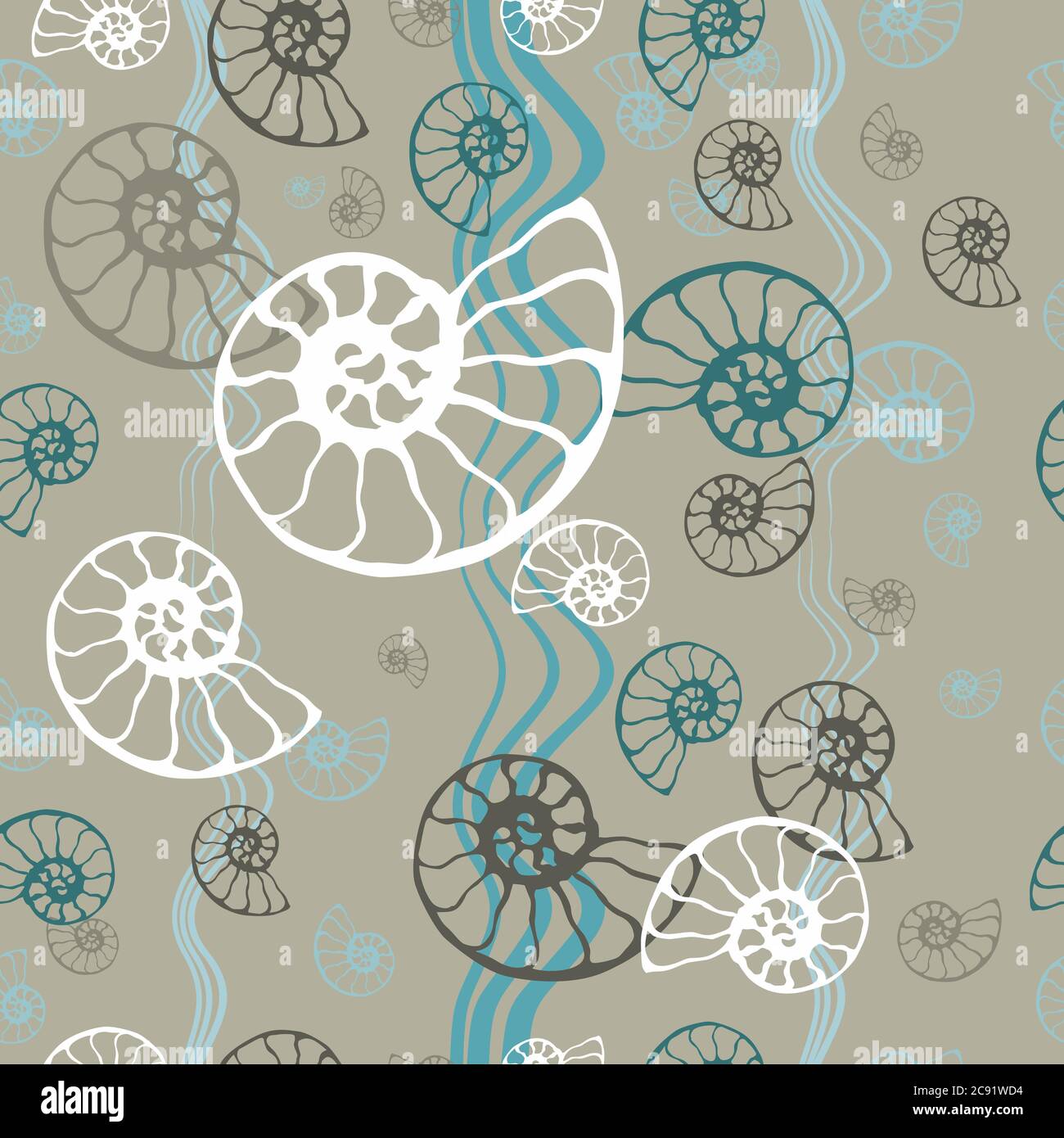 Fond bleu transparent de la mer fossile ammonite nautilus seashell vecteur. Illustration dessinée à la main pour le salon de spa, le café de fruits de mer, le restaurant, l'entreprise Illustration de Vecteur