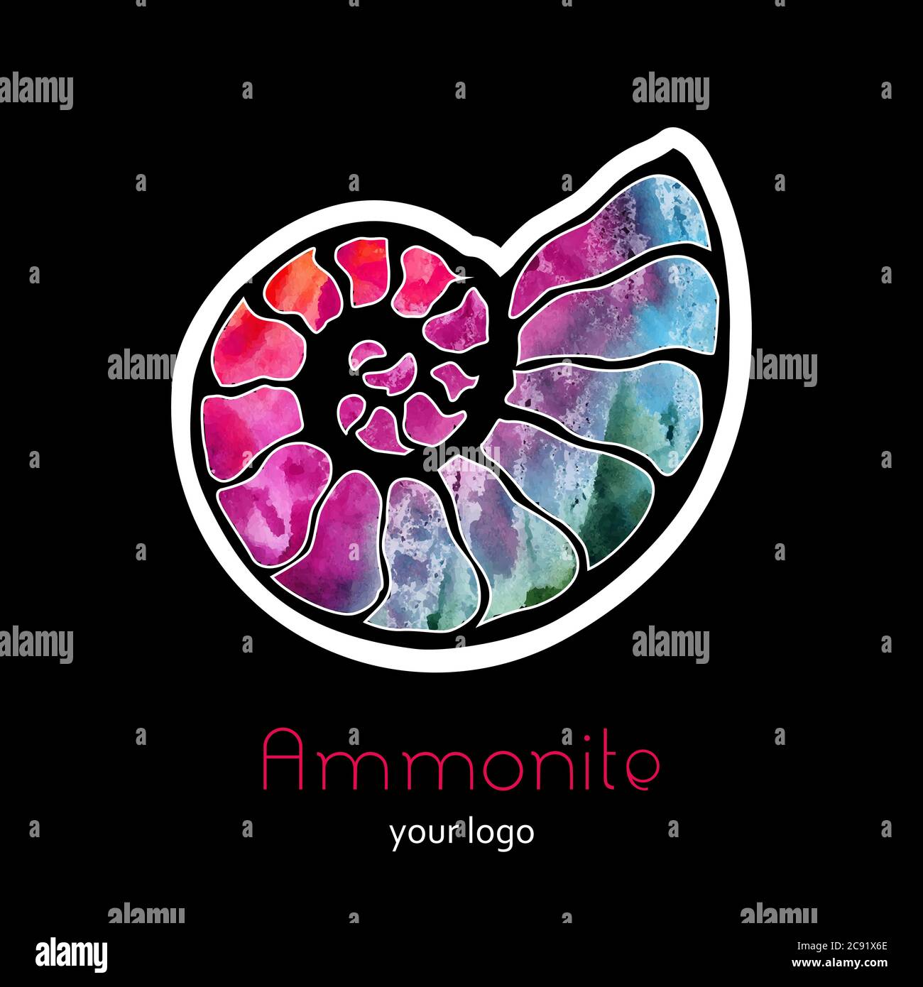 Logo vectoriel nautilus seashell de l'ammonite fossile. Aquarelle arc-en-ciel rose bleu dessin à la main illustration spa salon Illustration de Vecteur