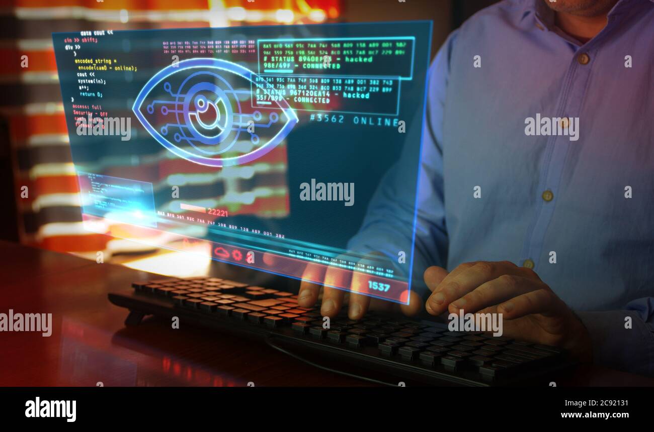Attaque d'espion de hacker avec cyber oeil sur l'écran d'ordinateur. Piratage, contrôle, surveillance, supervision, invasion numérique et violation du concept de confidentialité 3d Banque D'Images
