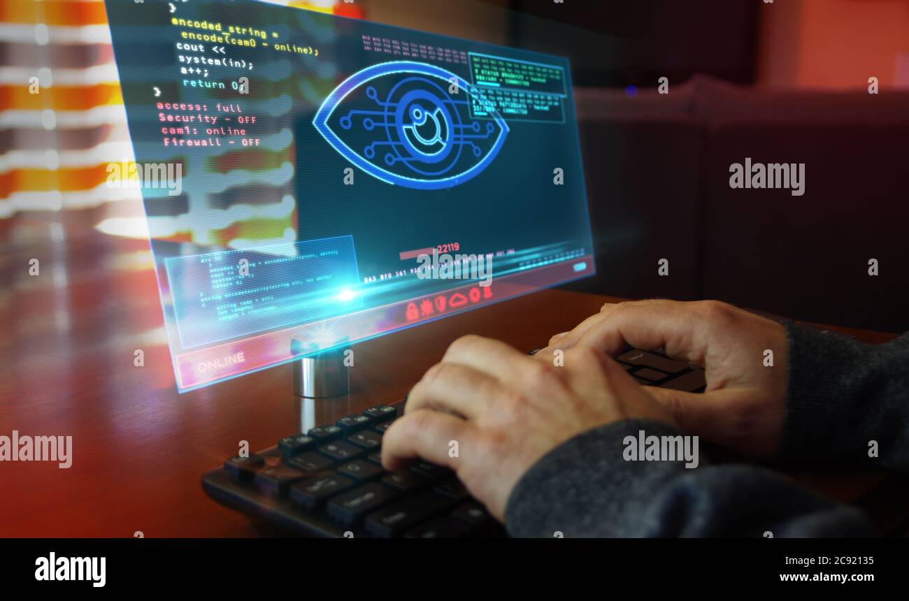 Attaque d'espion de hacker avec cyber oeil sur l'écran d'ordinateur. Piratage, contrôle, surveillance, supervision, invasion numérique et violation du concept de confidentialité 3d Banque D'Images