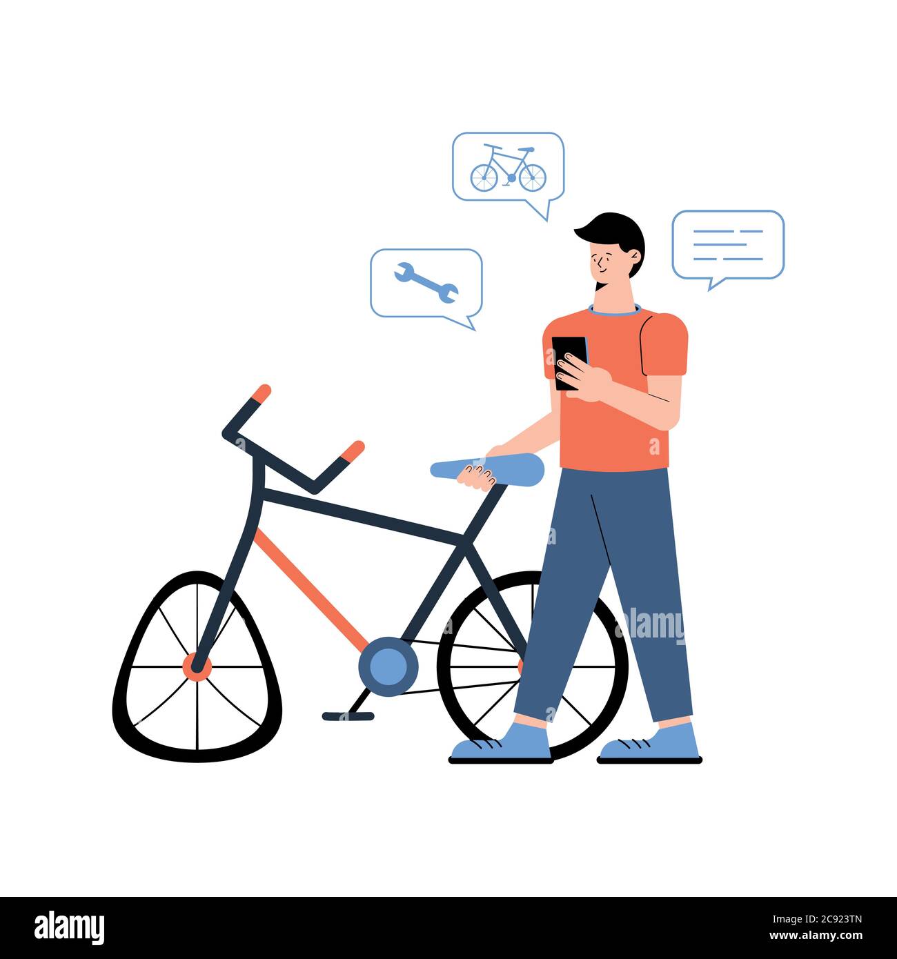 Un vélo cassé et un jeune homme à proximité appelle avec un smartphone un  service mobile de réparation de vélo isolé sur fond blanc Image Vectorielle  Stock - Alamy