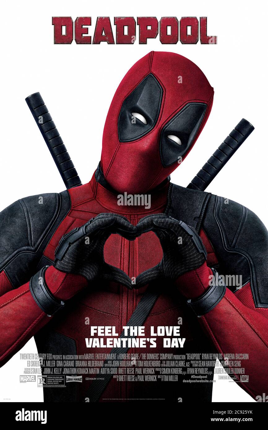 Deadpool (2016) dirigé par Tim Miller et mettant en vedette Ryan Reynolds, Morena Baccarin, T.J. Miller et Michael Benyaer. Le super-héros Marvel de wisecking avec un sens de l'humour tordu est lâcher sur l'écran argenté. Banque D'Images