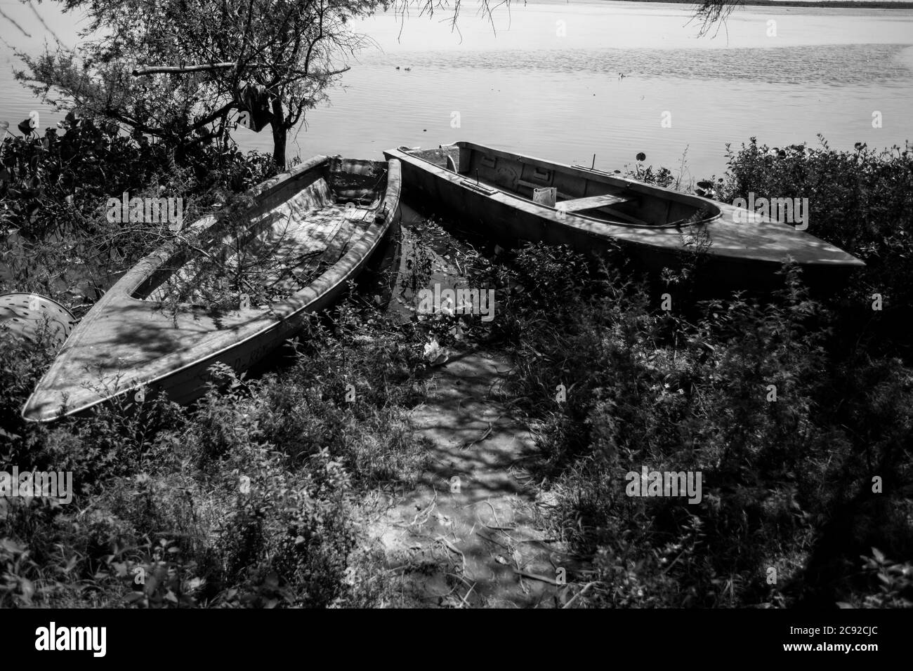 Photo en niveaux de gris de deux bateaux abandonnés sur l'herbe la plage Banque D'Images