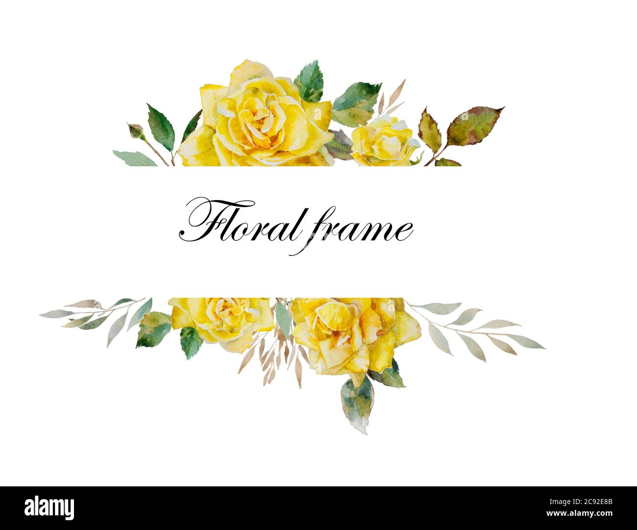 Cadre aquarelle roses jaunes avec emplacement pour le texte. Illustration originale de roses pâles mûres fleuris isolées sur fond blanc Banque D'Images