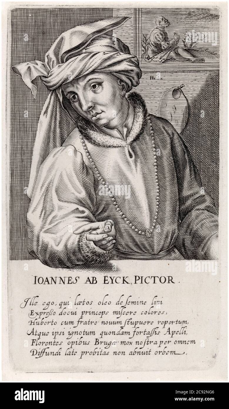 Jan Van Eyck (avant 1390-1441), peintre, artiste, portrait gravé par Hendrik Hondius I, 1610 Banque D'Images