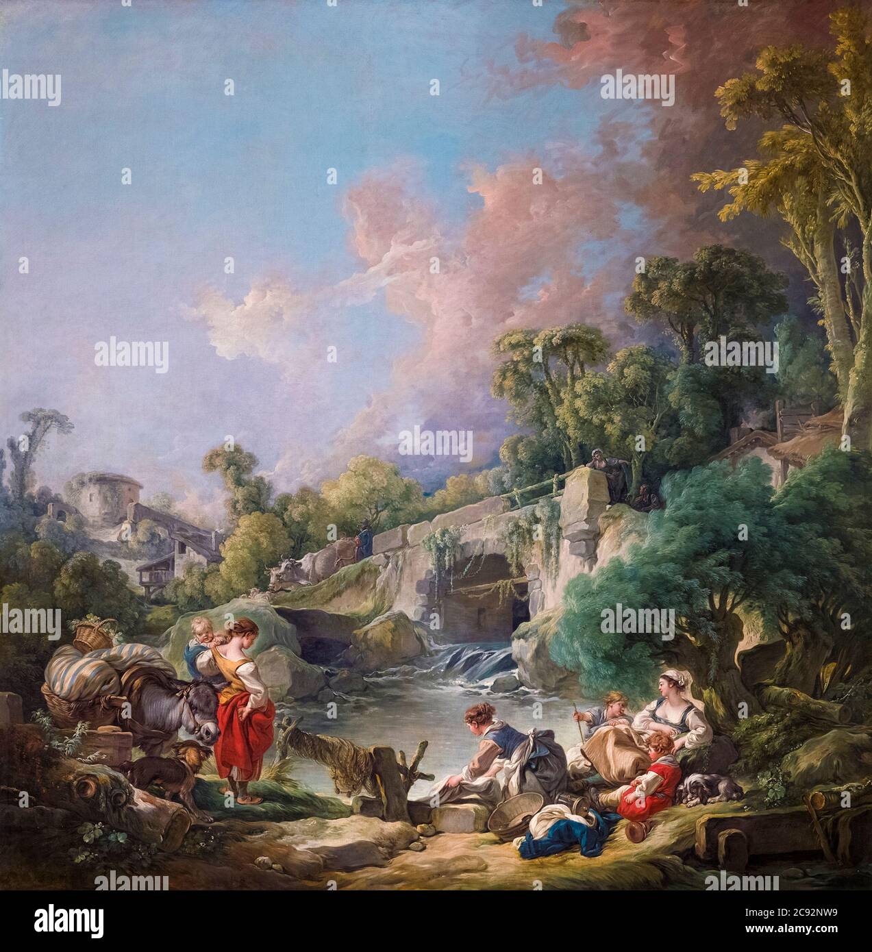 François Boucher, Washerwomen, 18th Century French Rococo painting, 1768 Banque D'Images