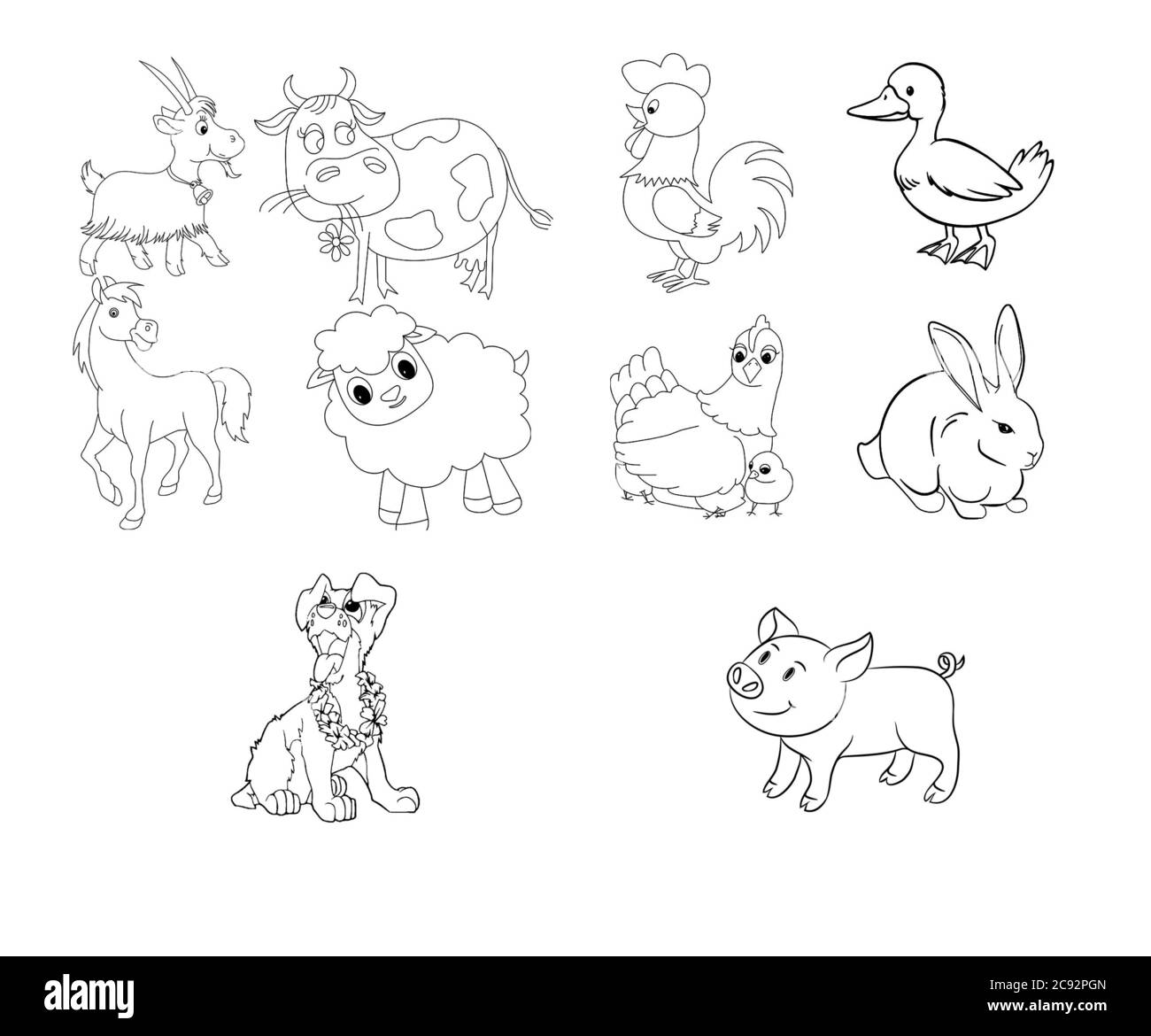 ensemble d'animaux de ferme noir et blanc monochromes, illustration Banque D'Images