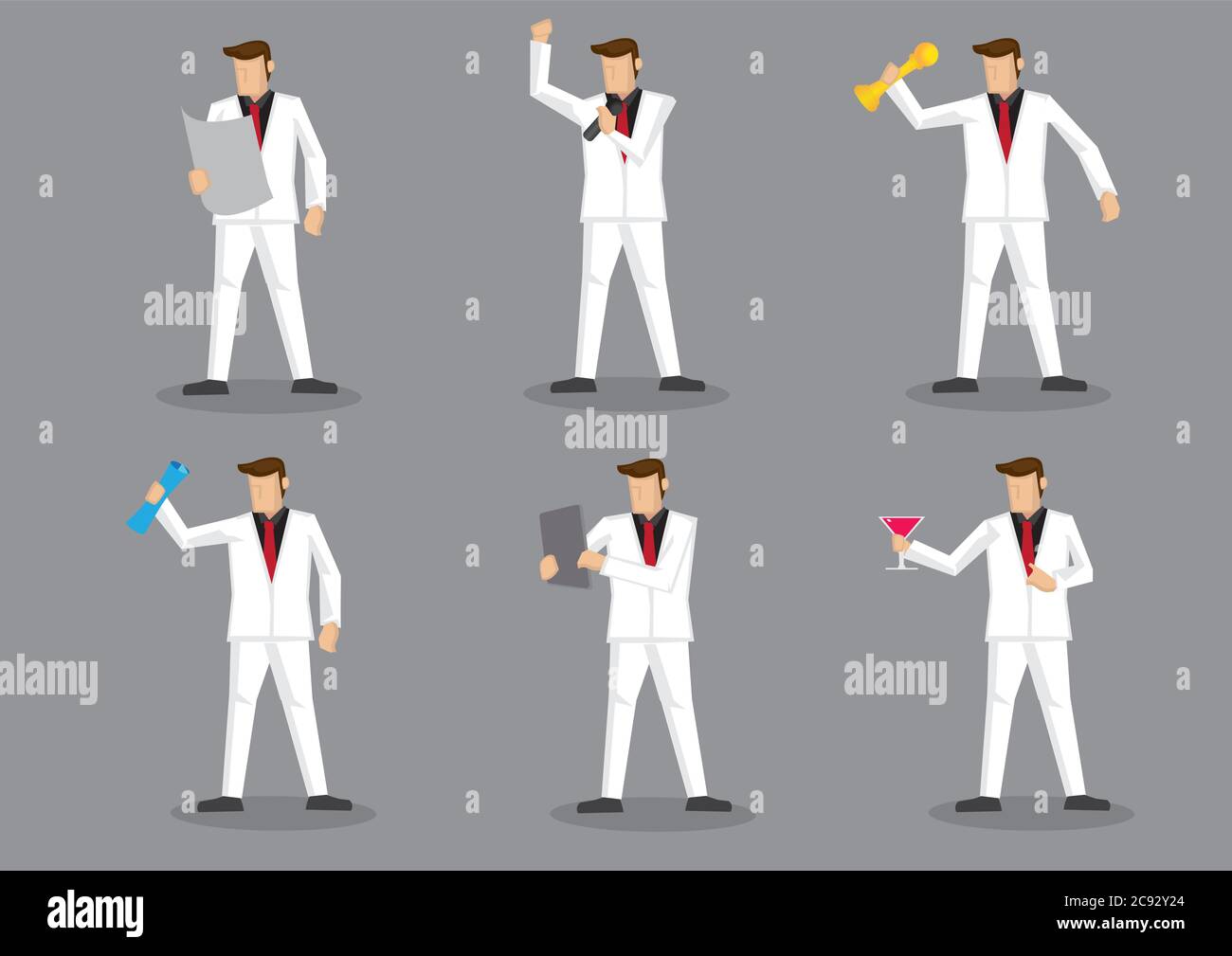 Homme de dessin animé portant un costume blanc complet et une cravate rouge  en fête et tenant différents objets. Jeu de six illustrations vectorielles  de caractères isolées en gris Image Vectorielle Stock -