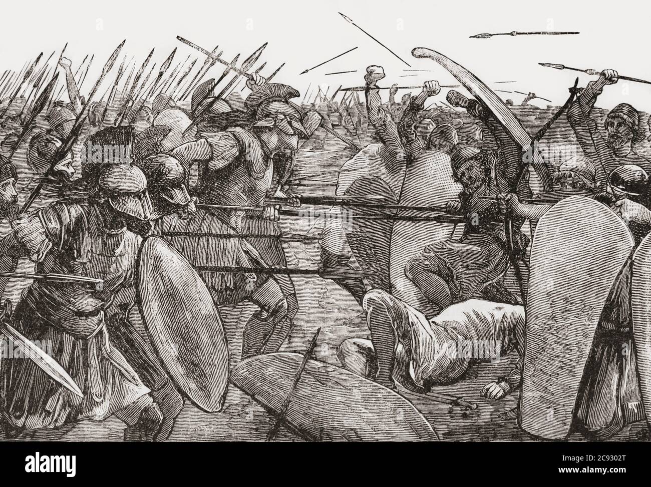 La bataille de Plataea, 479 av. J.-C., dans laquelle la défaite des forces d'invasion de Xerxès était la bataille terrestre finale de la deuxième invasion perse de la Grèce. Dans l'image les troupes de Spartan affrontent les Perses. Le contingent spartiate faisait partie d'une alliance de cités-États grecques qui formaient l'armée grecque. Après une illustration par un artiste non identifié dans la Cyclopedia of Universal History, publiée à Cincinnati dans les années 1880. Banque D'Images