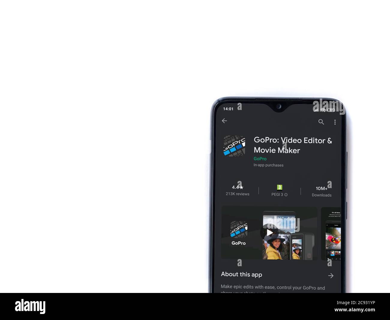LOD, Israël - 8 juillet 2020 : GoPro - Video Editor & Movie Maker application play store page sur l'écran d'un smartphone mobile noir isolé sur fond blanc Banque D'Images