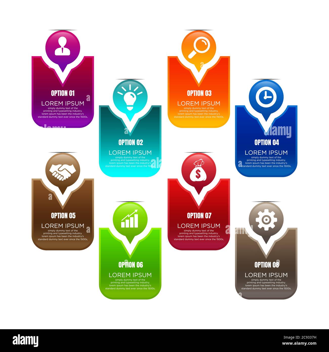 modèle de diapositive de l'organigramme en huit étapes. Données d'entreprise. Flux, diagramme, conception. Concept créatif pour l'infographie, la présentation. Peut être utilisé pour les rubriques Illustration de Vecteur