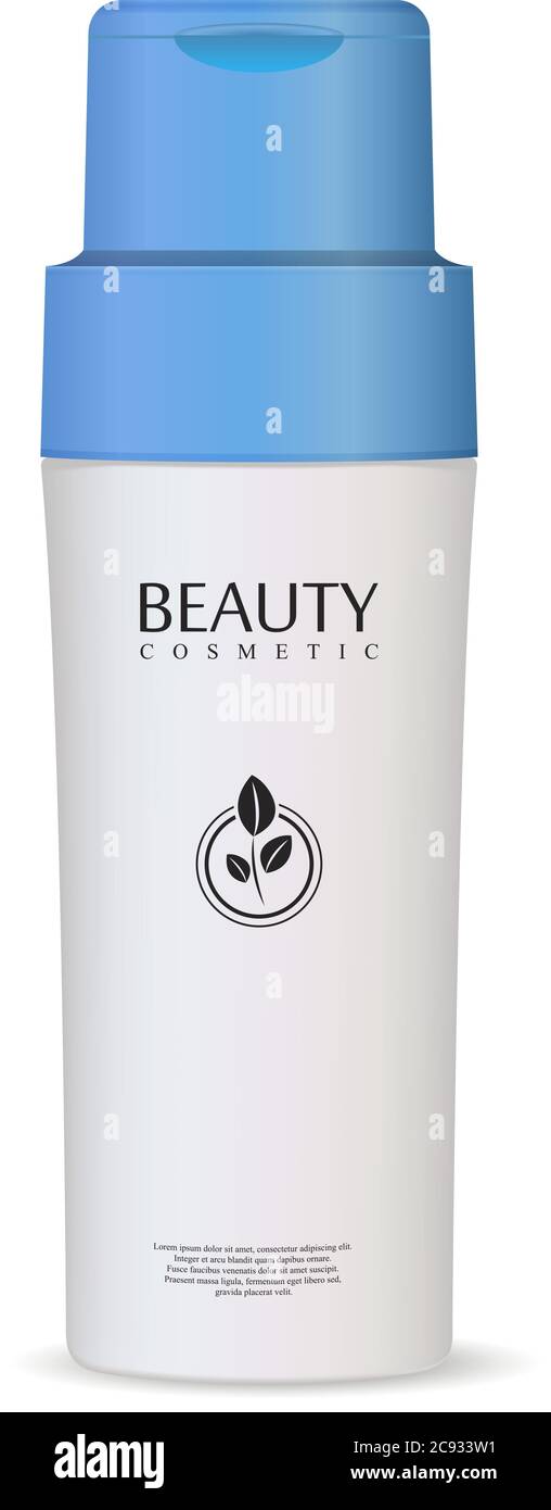 Bouteille de nettoyant à poudre enzymatique avec bouchon bleu ciel. Illustration vectorielle de la maquette de contenant en plastique avec étiquette pour shampooing, beurre, crème, l Illustration de Vecteur