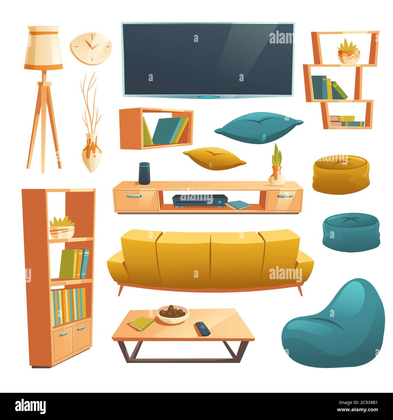 Décoration intérieure de salon avec canapé, chaise de poire, étagères ...