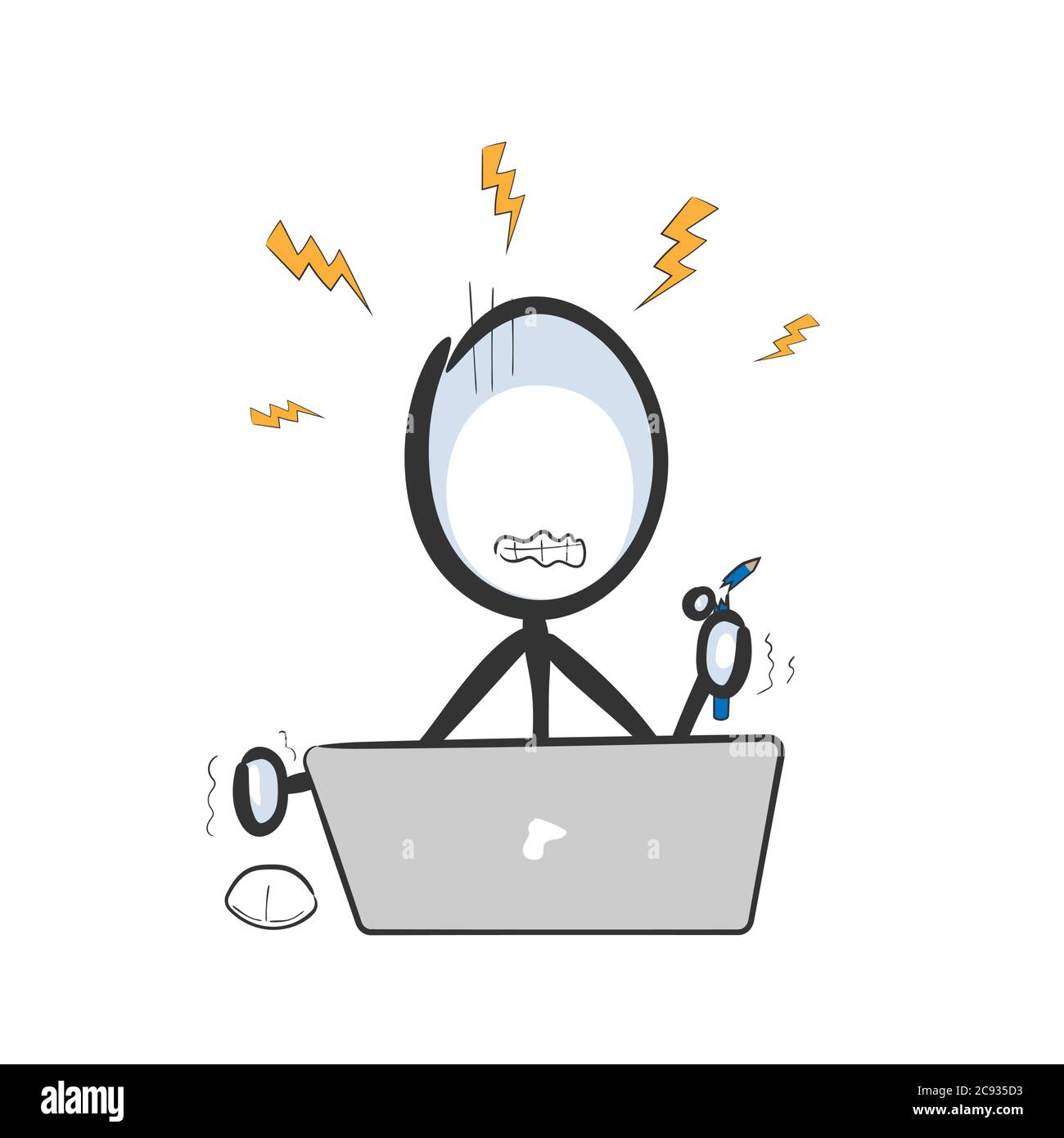 Fraude sur Internet. Angry man .Vector simple stress à l'aide d'un ordinateur. Stickman pas de visage clipart dessin animé. Dessiné à la main. Dessin Doodle, illustration graphique Illustration de Vecteur