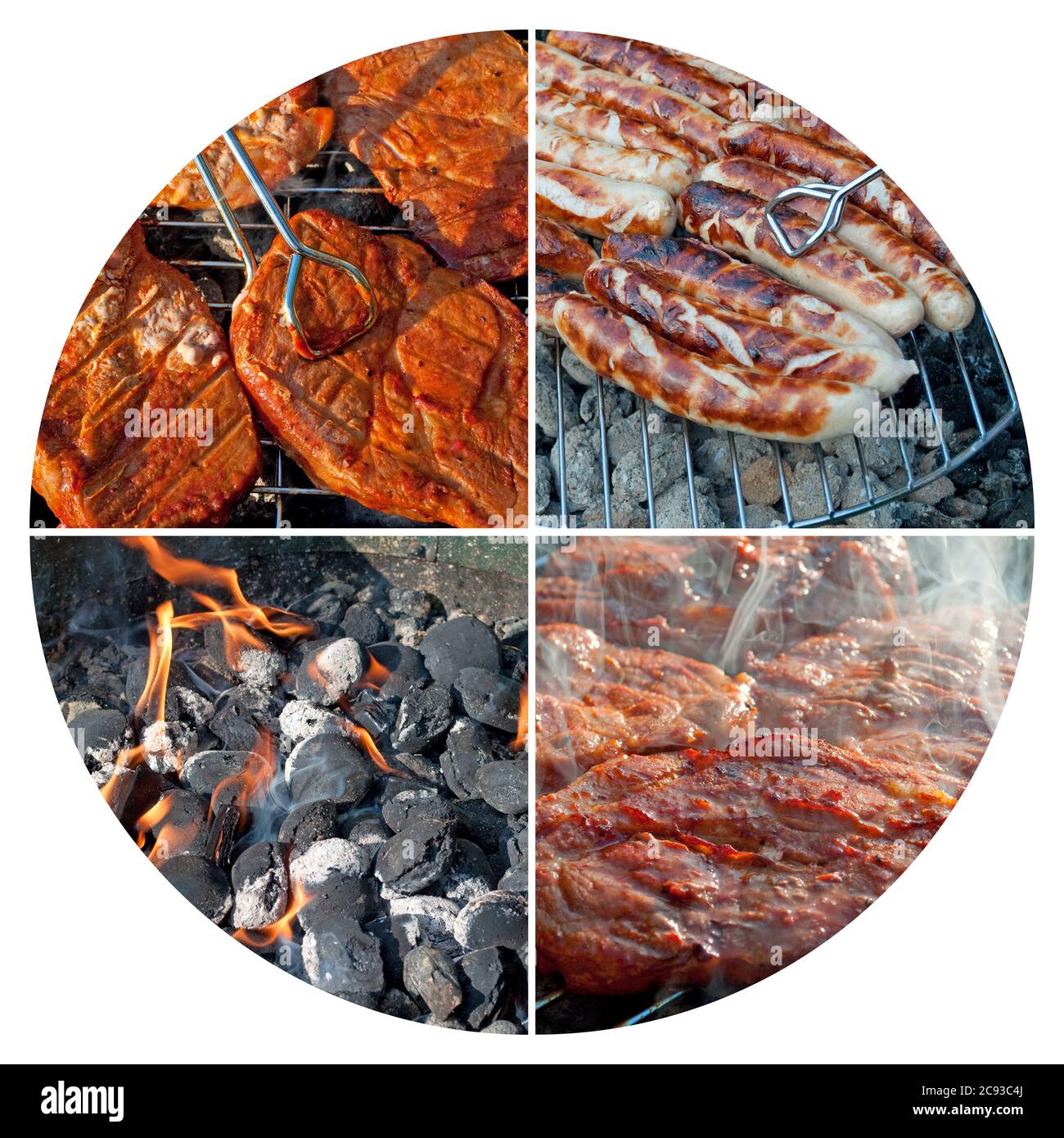 Saucisses et viande sur le gril dans un collage Banque D'Images