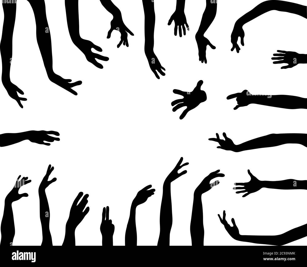 Silhouettes noires de mains humaines sur fond blanc Banque D'Images