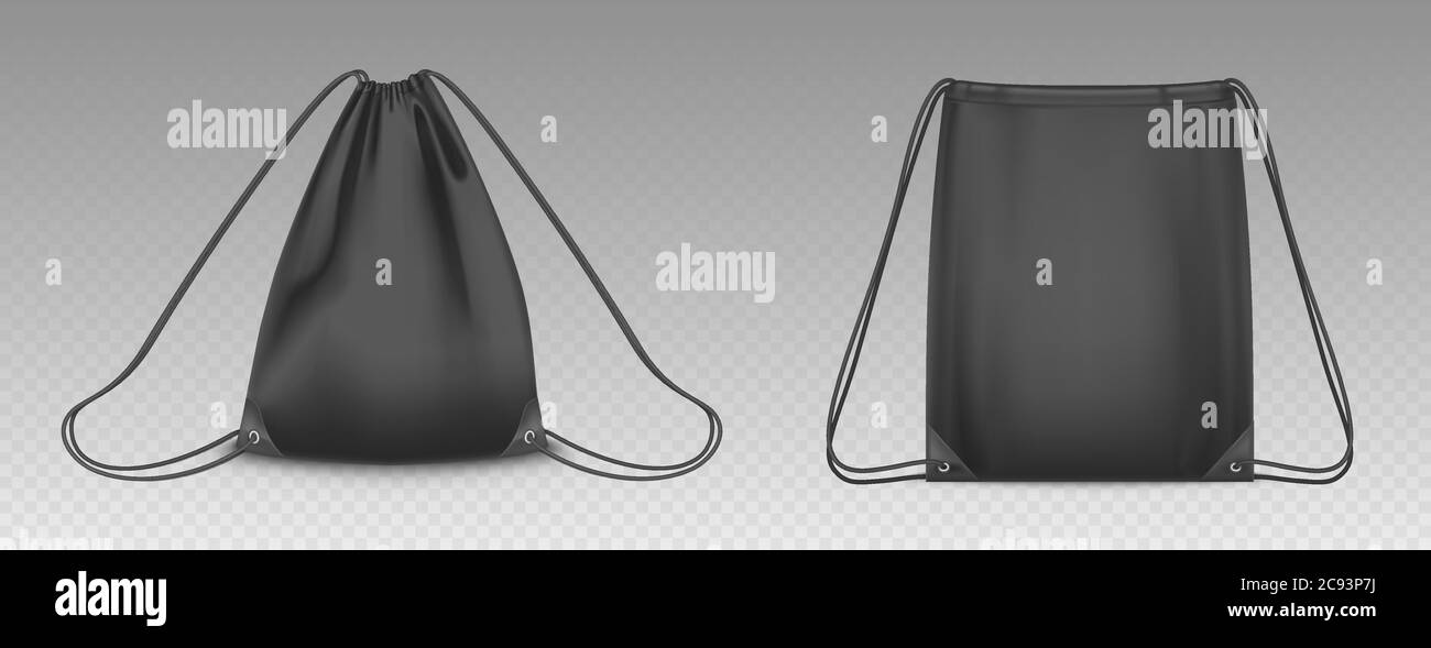 Sac à dos avec cordons de serrage isolés sur fond transparent. Maquette réaliste Vector de la pochette pour l'école pour les vêtements et les chaussures, vide noir et sacs de sport complets avec cordes Illustration de Vecteur