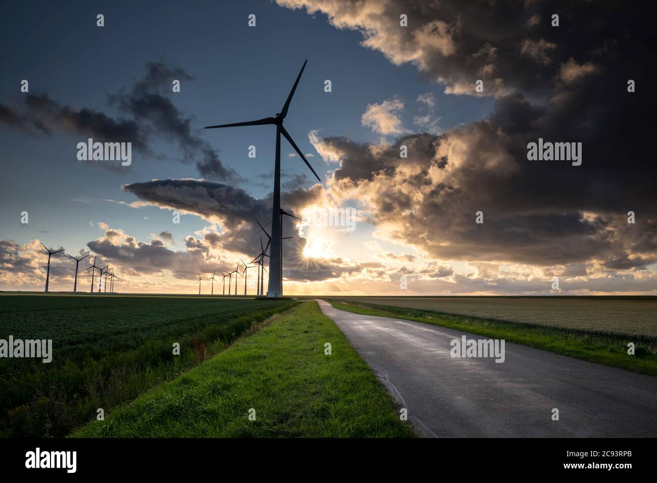 Magnifique coucher de soleil sur les moulins à vent des pays-Bas en été Banque D'Images