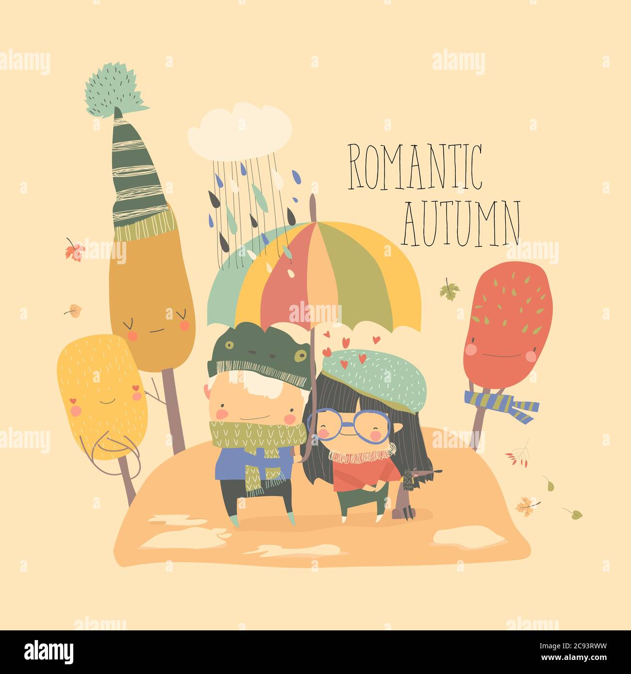 Couple amoureux marchant sous un parapluie dans le parc d'automne Illustration de Vecteur