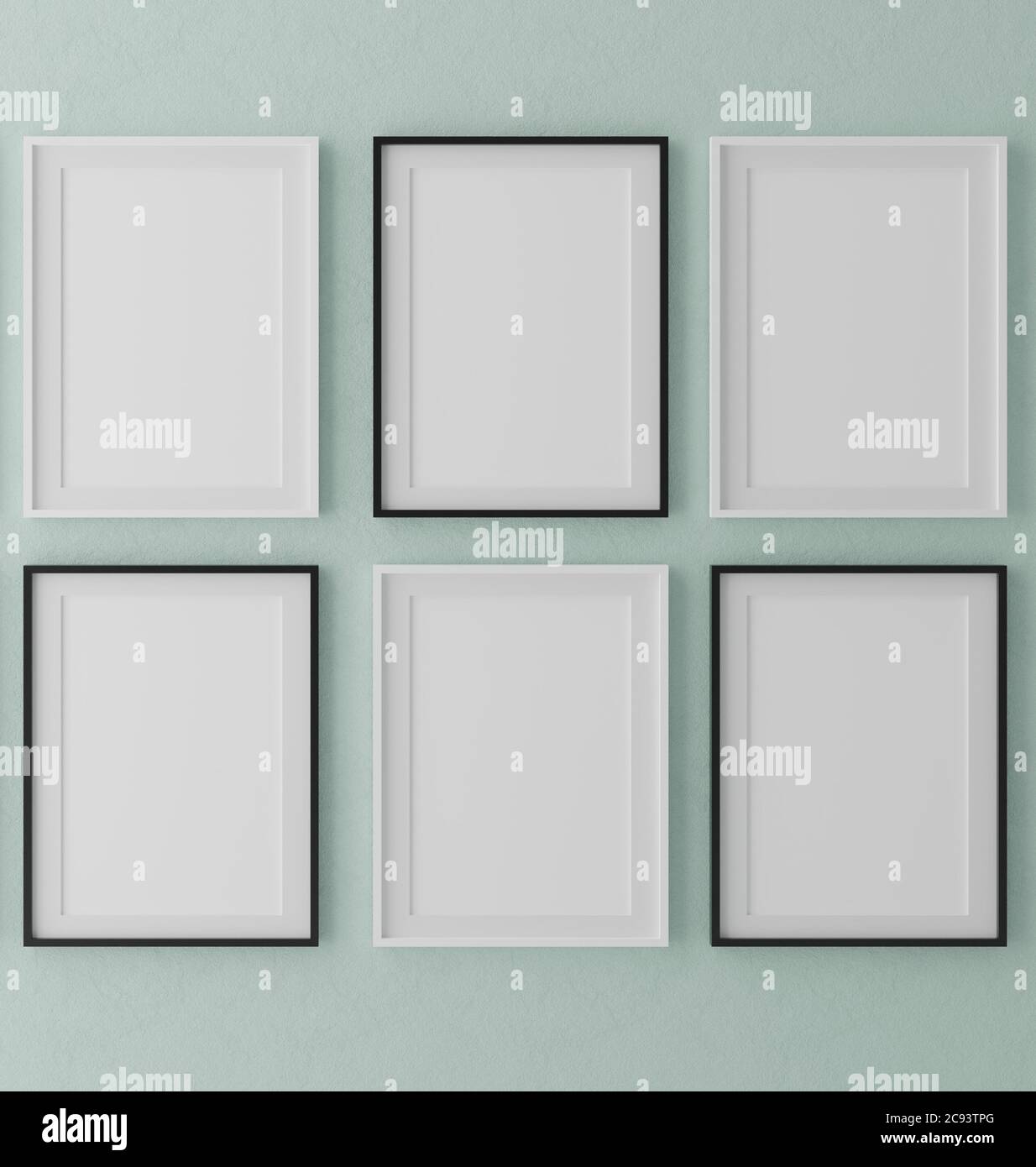Six cadre vertical en bois maquette sur fond de mur vert avec plantes, illustration 3d Banque D'Images
