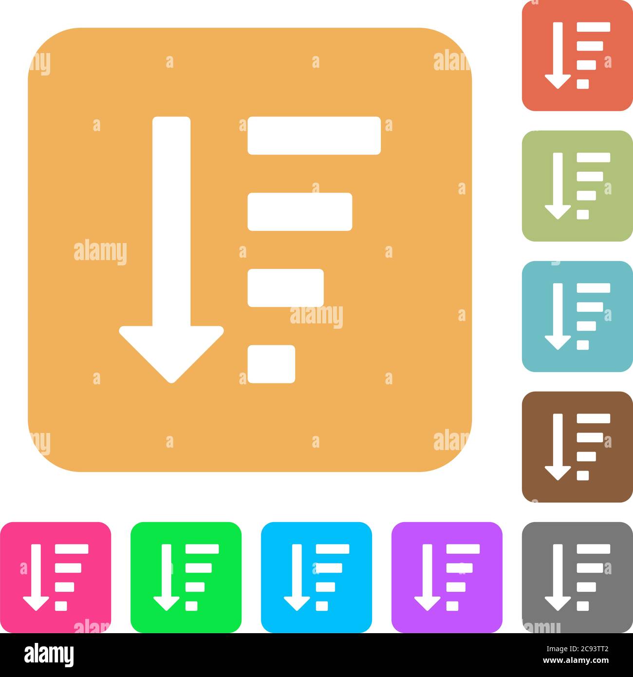 Icônes plates en mode liste ordre décroissant sur des arrière-plans carrés arrondis aux couleurs vives. Illustration de Vecteur