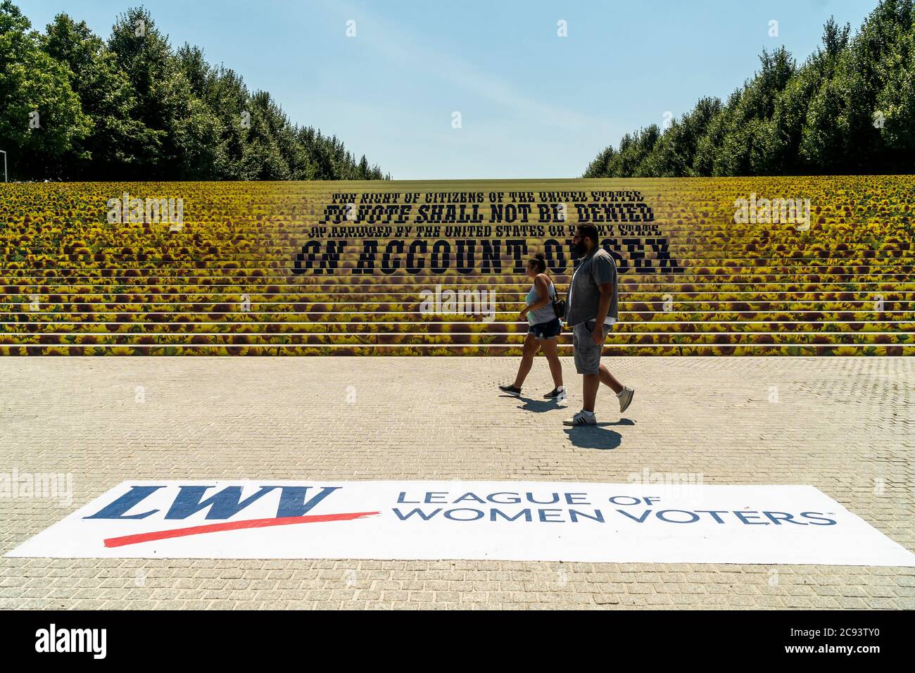 Le 19e amendement est célébré au "four libertés Park" sur l'île Roosevelt à New York le dimanche 26 juillet 2020. Le parc conçu par Louis I. Kahn porte le nom de l'adresse de l'État de l'Union des « quatre libertés » de Franklin Delano Roosevelt, de 1941. Le parc est le seul monument de Roosevelt et le seul travail conçu par Kahn à New York. (© Richard B. Levine) Banque D'Images