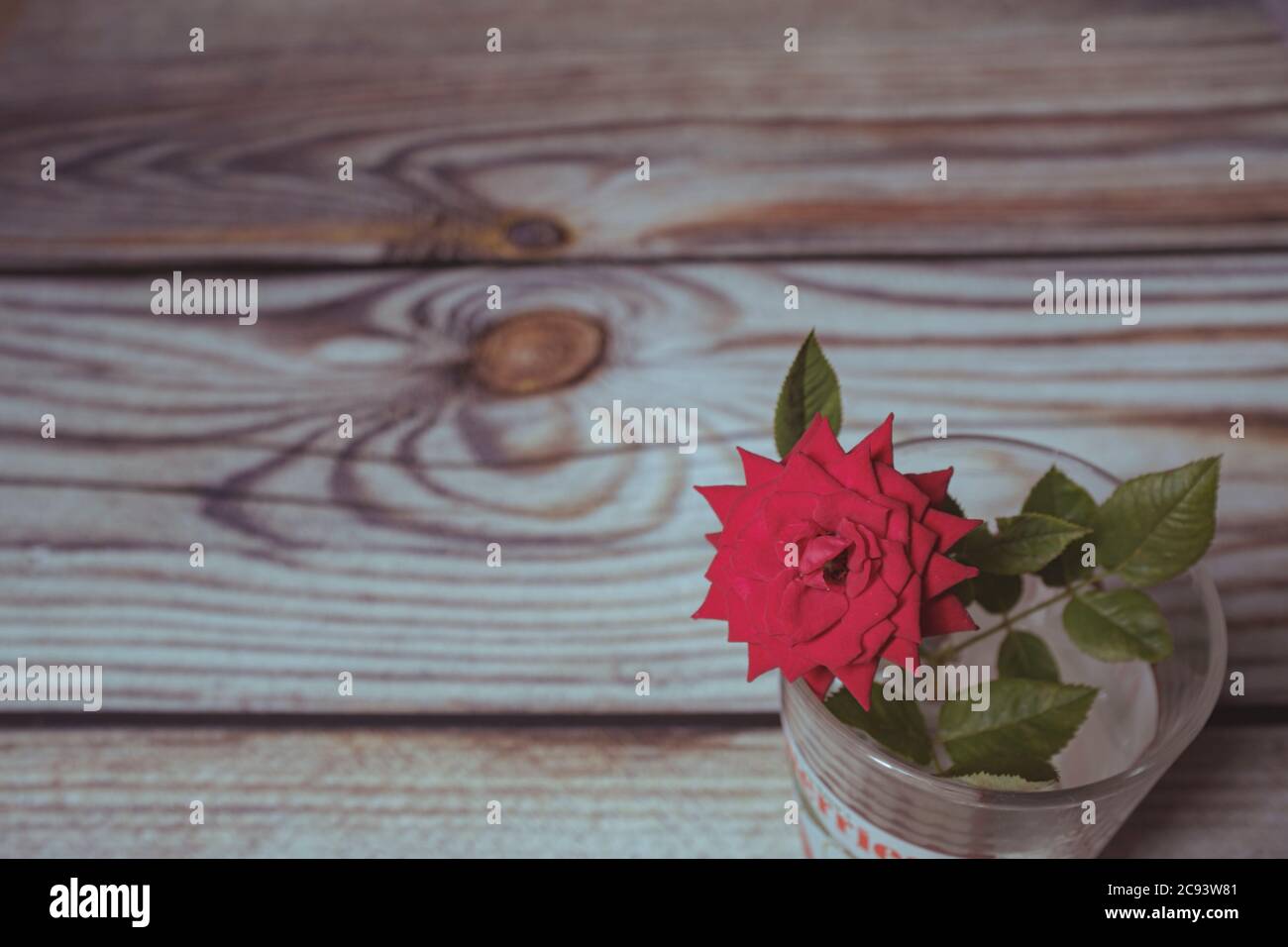 Petite fleur de rose rouge en fleur sur une scène intérieure avec pot de vase en verre sur une planche en bois Banque D'Images