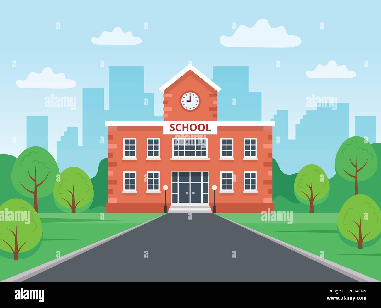 Bâtiment scolaire avec paysage urbain. Illustration vectorielle de style plat Illustration de Vecteur