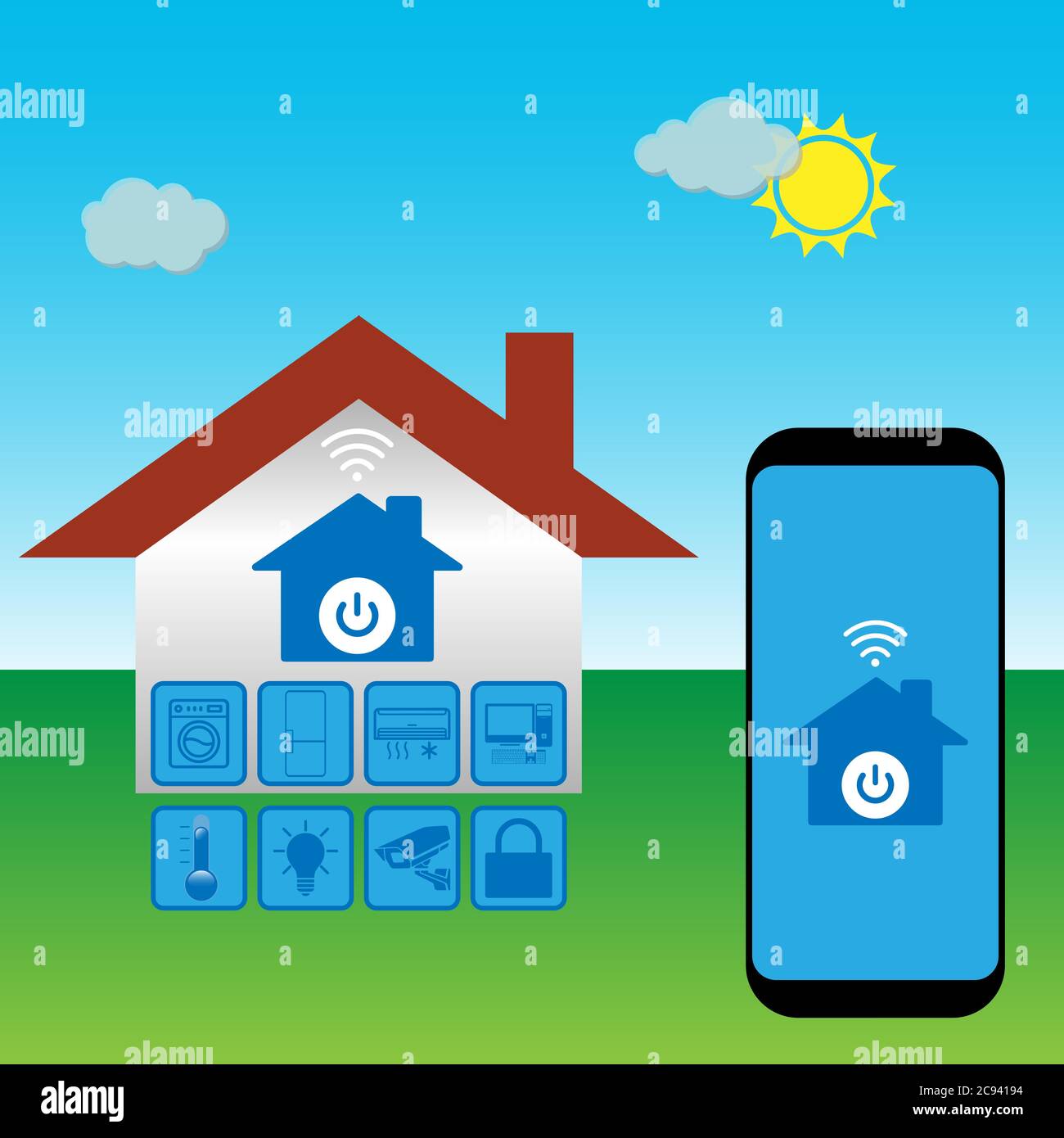 Système de technologie Smart House avec contrôle centralisé de l'éclairage, du chauffage, de la ventilation et de la climatisation, de la sécurité et de la vidéosurveillance Illustration de Vecteur