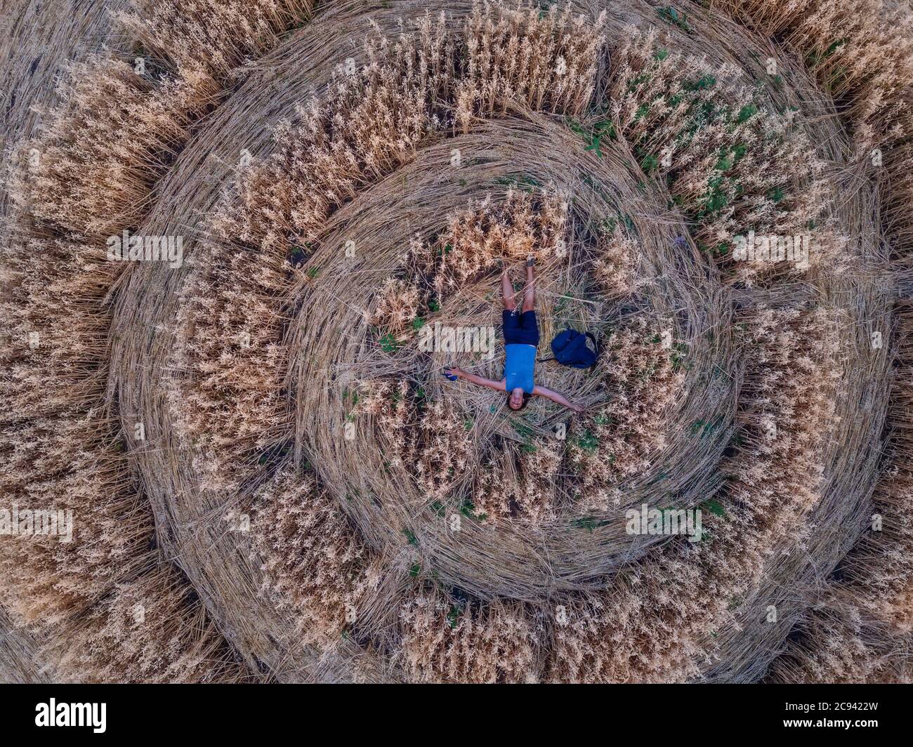 Homme heureux sur le cercle de récolte dans champ d'avoine, vue aérienne Banque D'Images