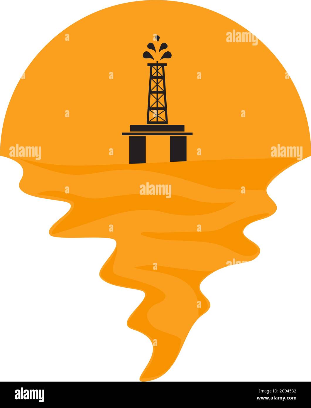 Vecteur de la plate-forme pétrolière offshore sur la mer et coucher de soleil en arrière-plan. Logo silhouette de la compagnie pétrolière et gazière Illustration de Vecteur