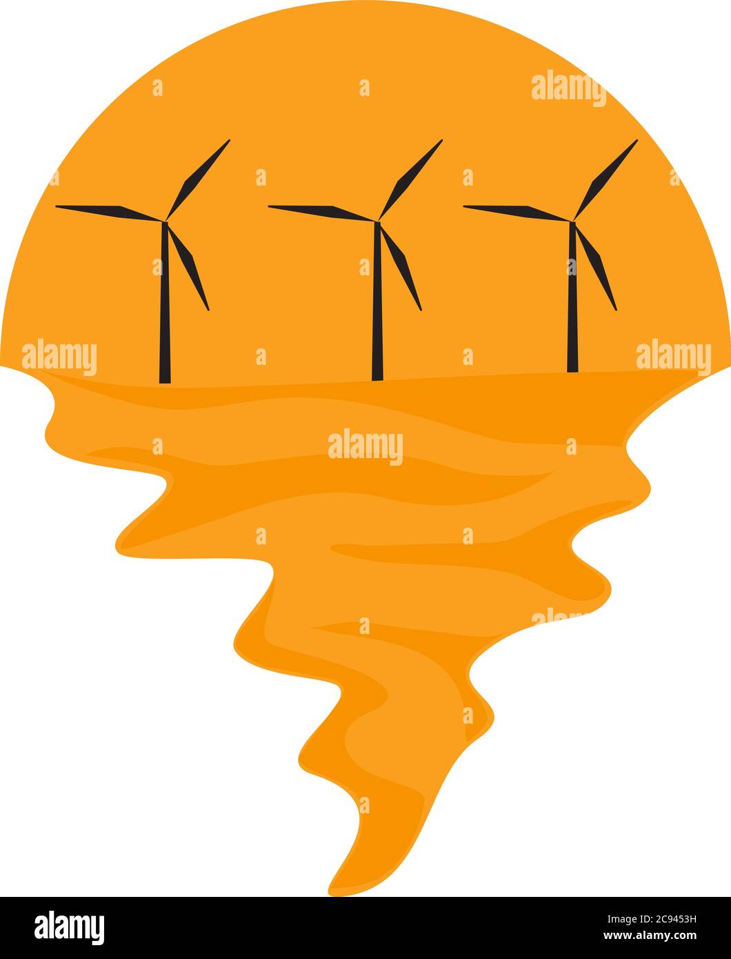 Vecteur de parc éolien offshore sur mer et coucher de soleil en arrière-plan. Green Energy entreprise industrielle silhouette logo illustration design Illustration de Vecteur