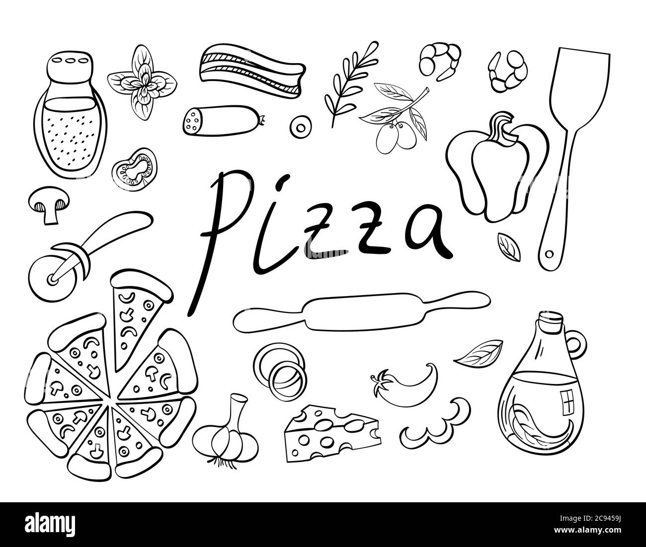 Pizza avec ingrédients et fournitures tirées à la main. Des aliments isolés sur fond blanc. Illustration vectorielle. Illustration de Vecteur