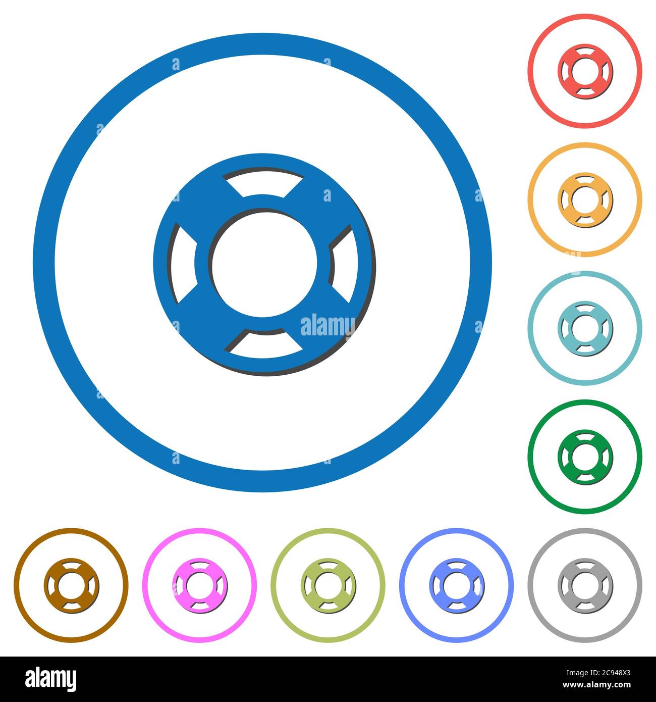 Icônes vectorielles couleur plates de Lifesaver avec ombres dans des contours ronds sur fond blanc Illustration de Vecteur